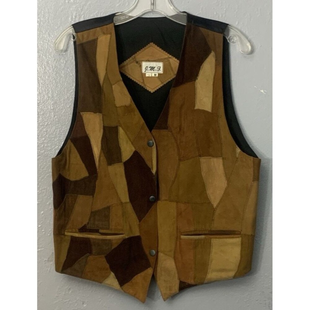 JMT Vintage Patchwork Leather Vest Size Medium Hippie Boho Brown Suede Western